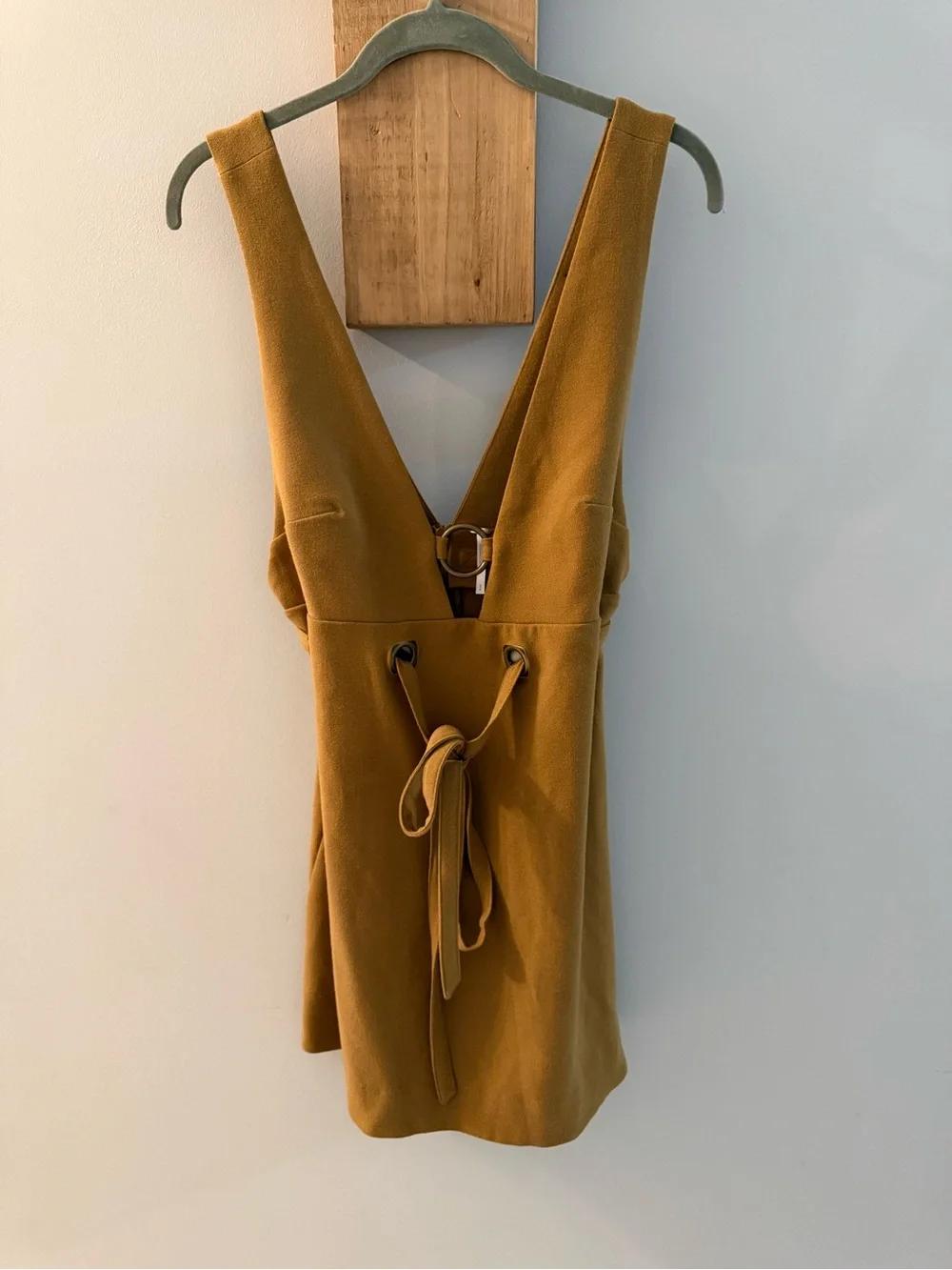 FREE PEOPLE Mustard-Brown Suede Feel Deep-V Dress w Grommets & Tie Waist, S